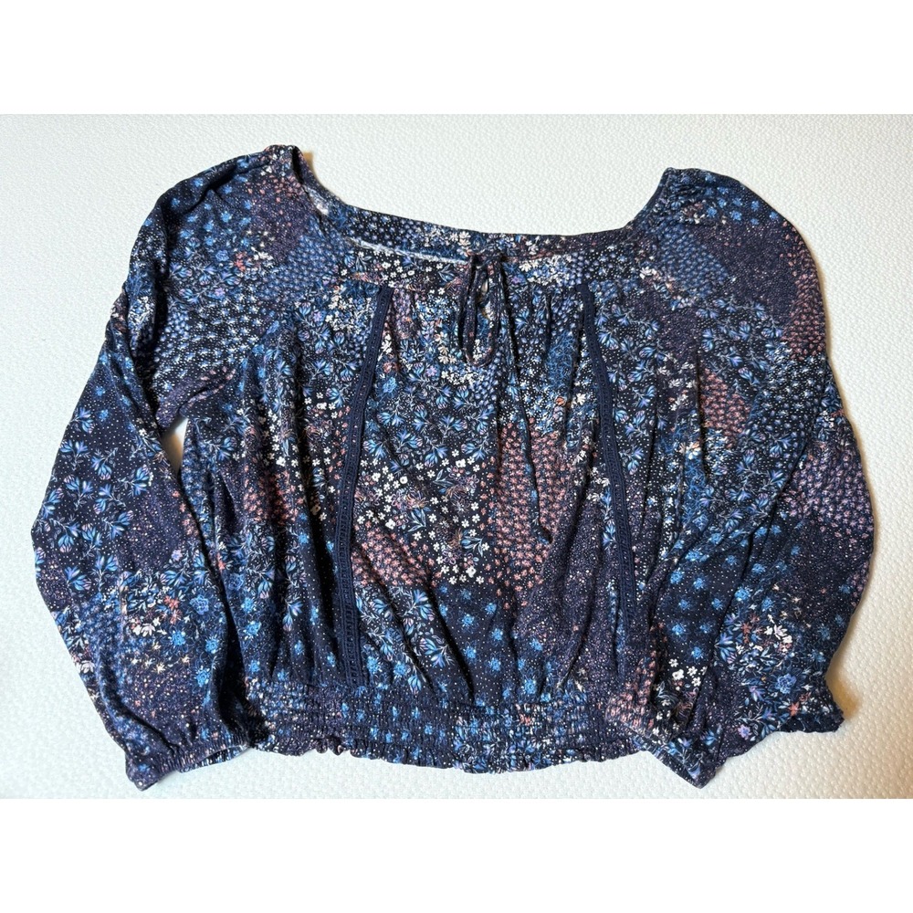 SO‎ Floral Crop Top XXL Long Sleeve Blue Boho Stretch Blouse